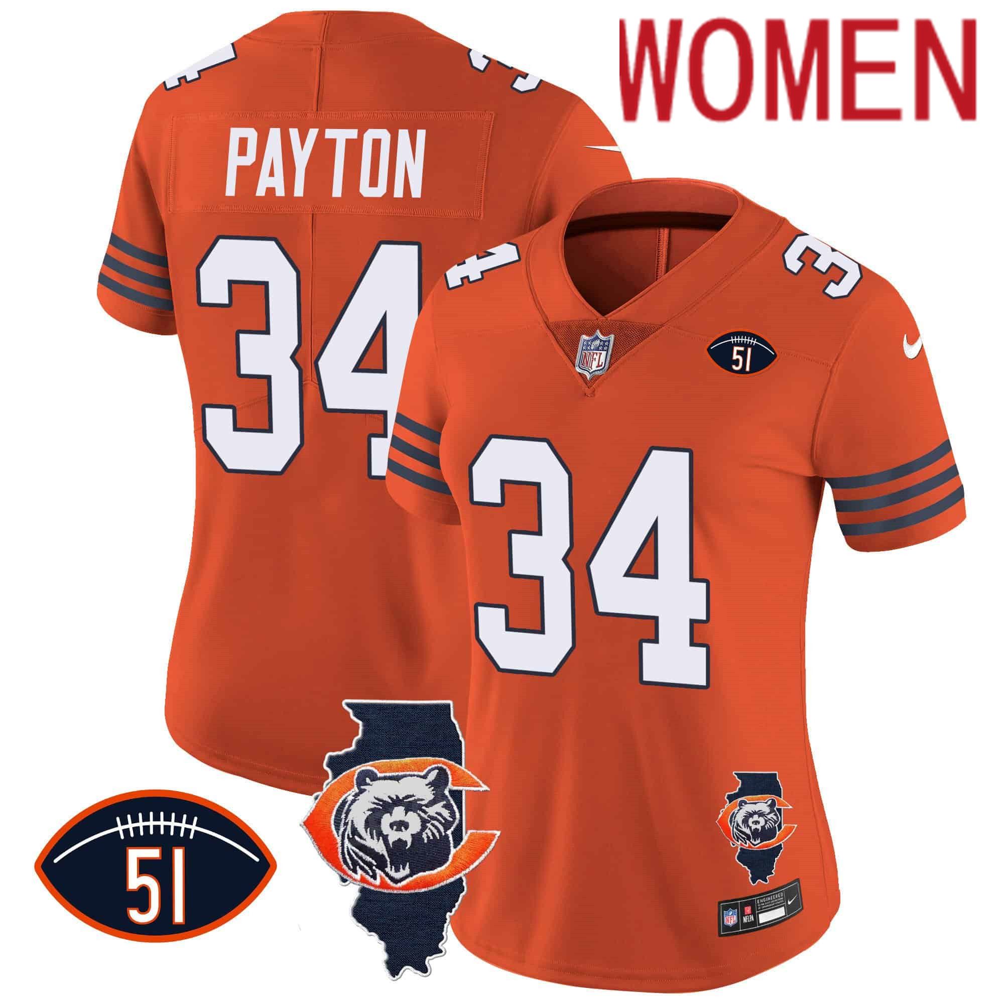 Women Chicago Bears 34 Payton Orange 2024 Nike Throwback Illinois Patch Vapor NFL Jersey